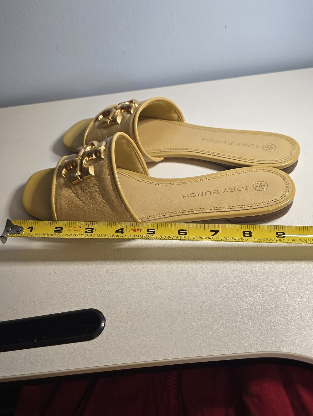 Tory Burch Gold Logo Yellow Eleanor Slide Sandals All Leather 7.5 Medium - Picture 12 of 12